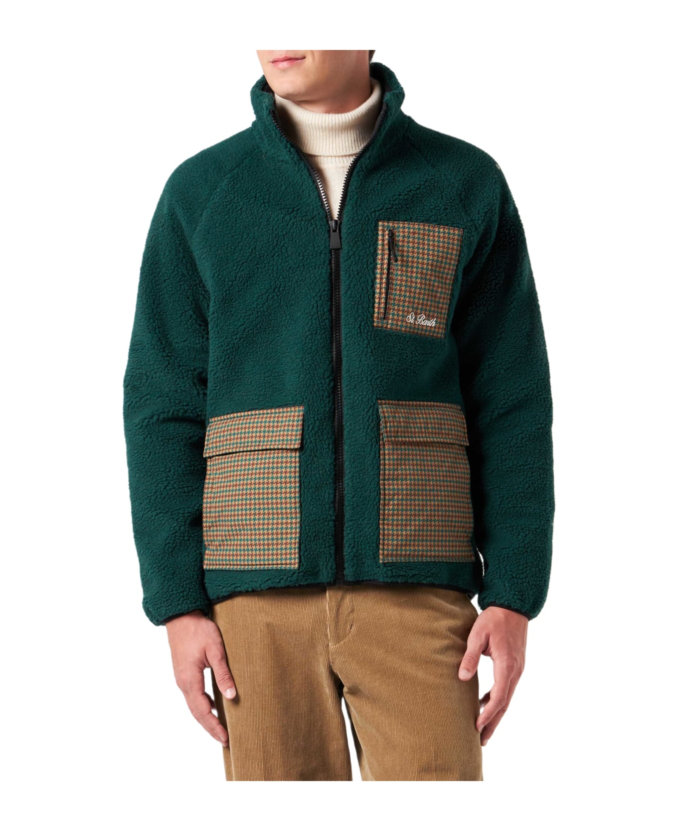 MC2 Saint Barth Man Green Sherpa Jacket With Check Patch Pockets - GREEN