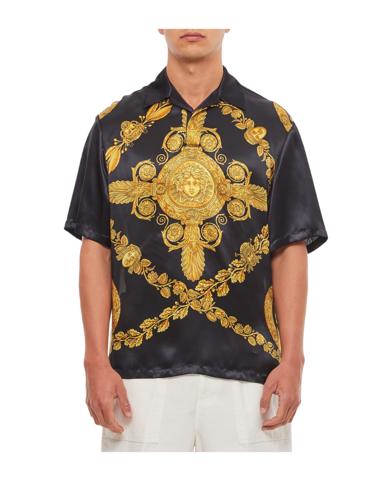 Versace Informal Shirt Viscose Satin Fabric With Heritage Print - Golden