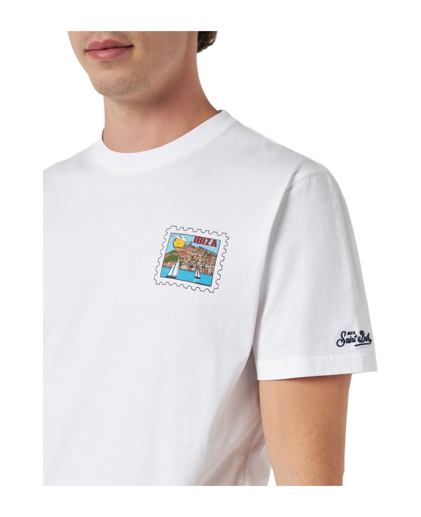 MC2 Saint Barth Man Cotton T-shirt With Ibiza Postcard Front And Back Print | Alessandro Enriquez Special Edition - WHITE