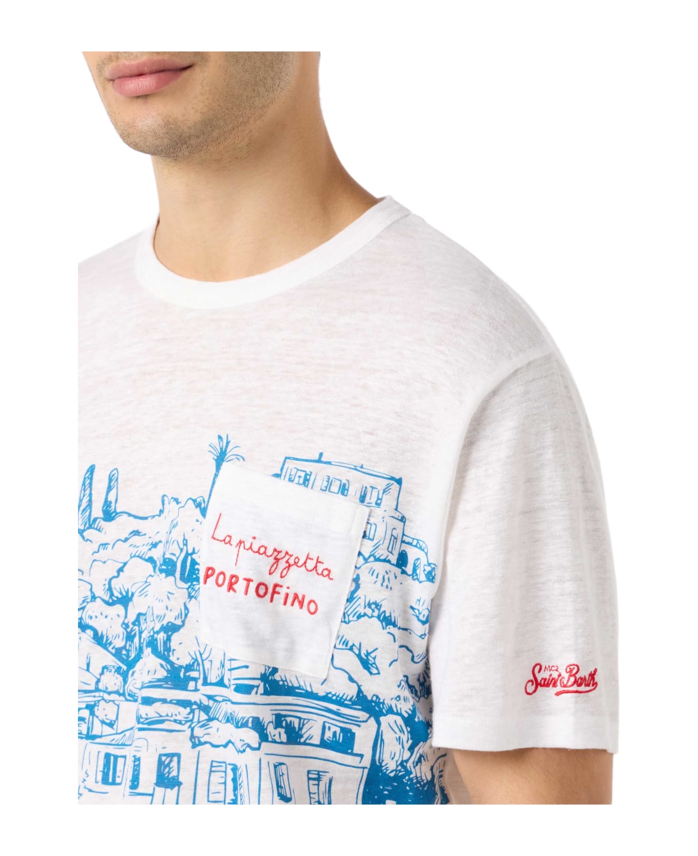 MC2 Saint Barth Man Linen Jersey T-shirt Ecstasea With Portofino Placed Print And Embroidered Pocket - WHITE