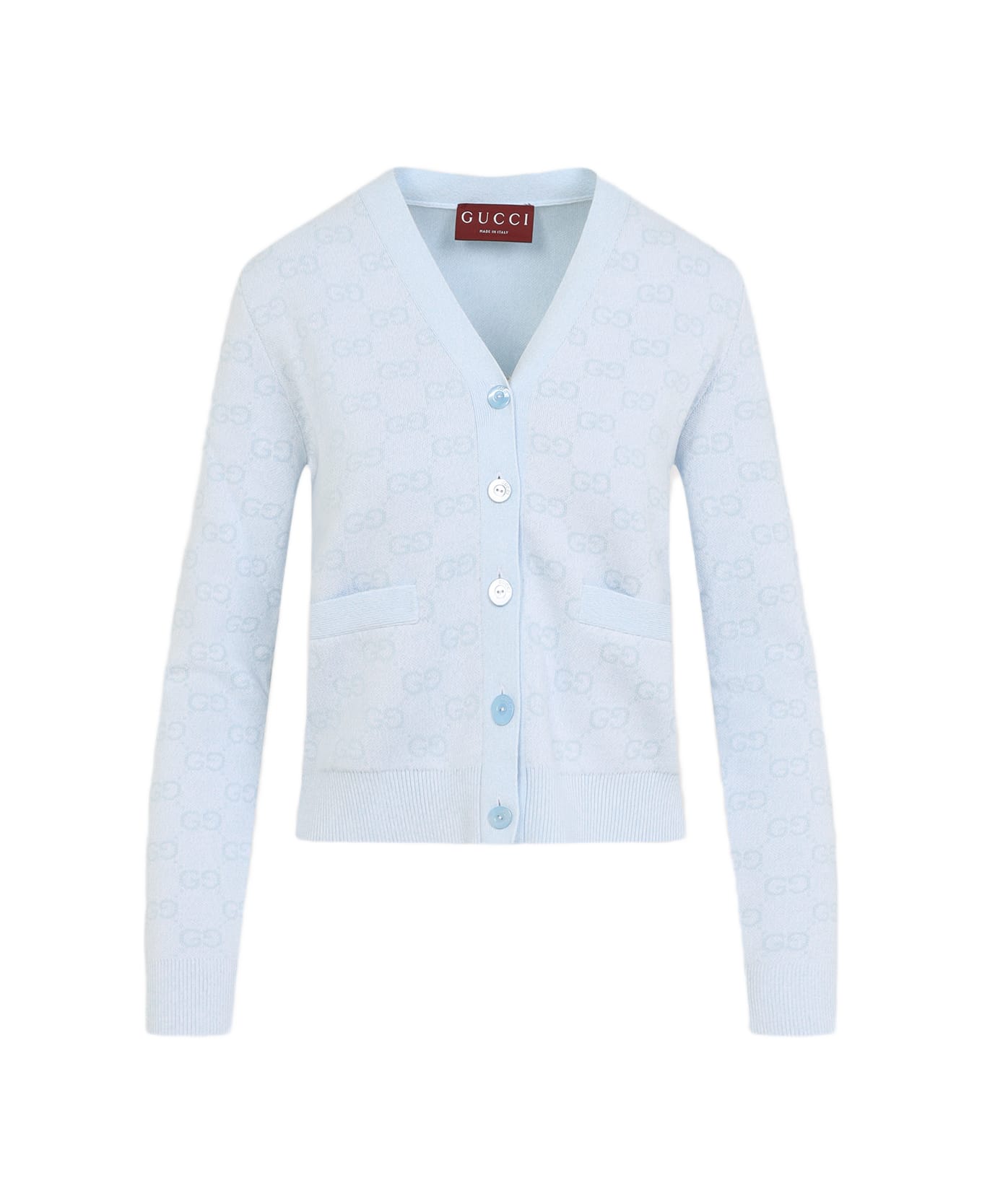 Gucci Fine Knit Gg Jacquard Cardigan - Light Blue White