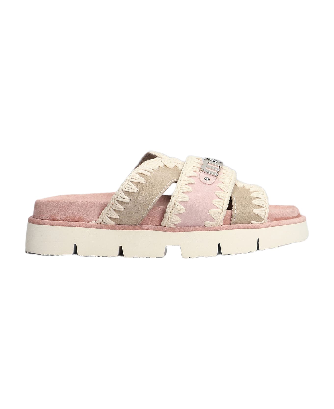 Mou Bio Sandal Flats In Rose-pink Suede - rose-pink