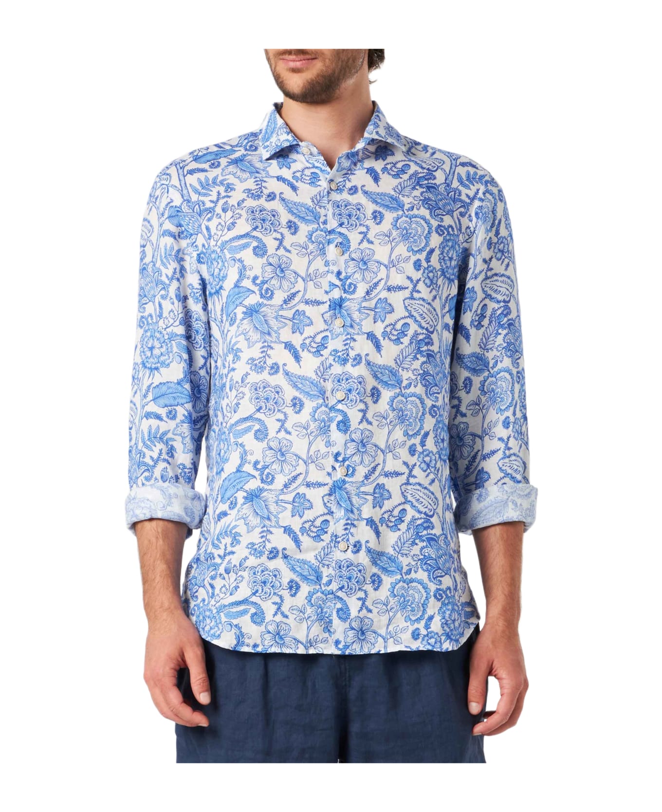 MC2 Saint Barth Man Linen Pamplona Shirt With Flower Print - WHITE