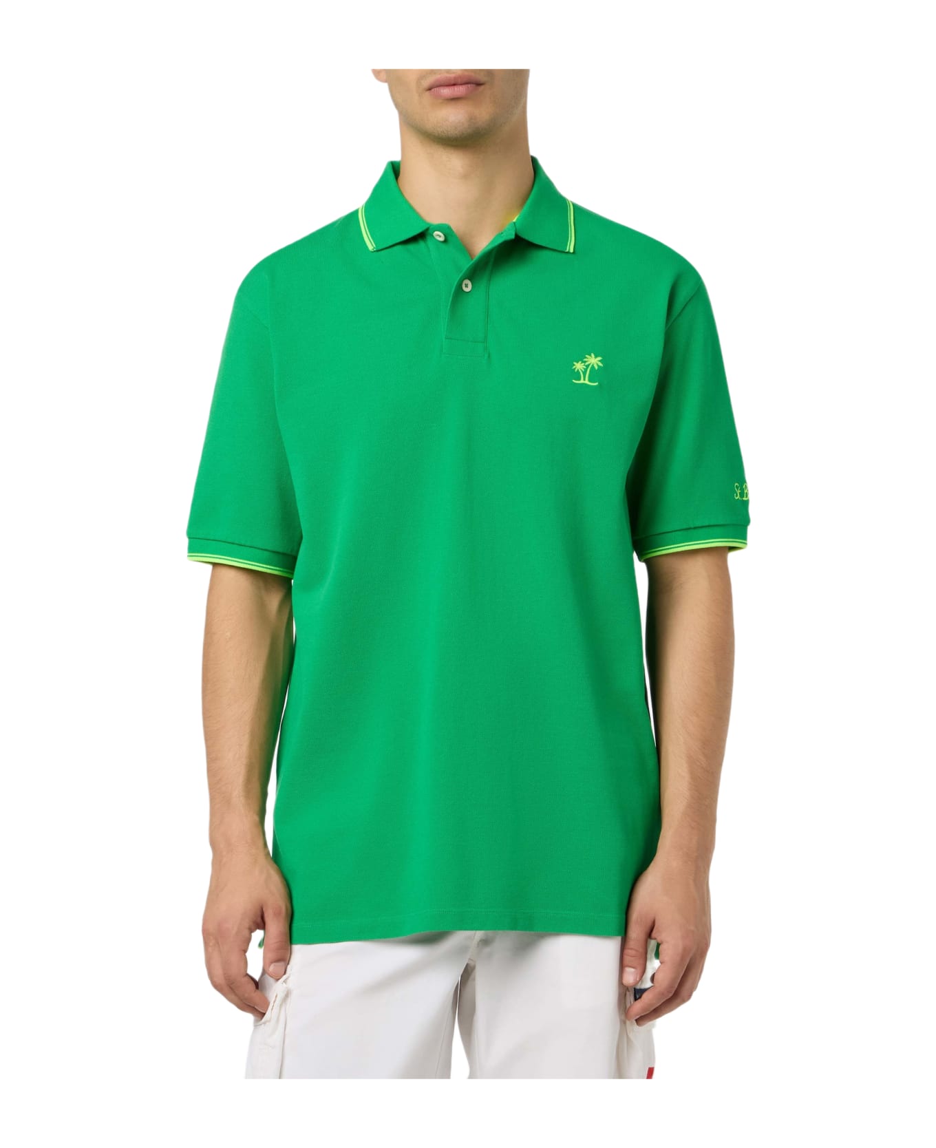 MC2 Saint Barth Man Green Cotton Piquet Polo Shirt Beverly Hills With Palm Embroidery - GREEN