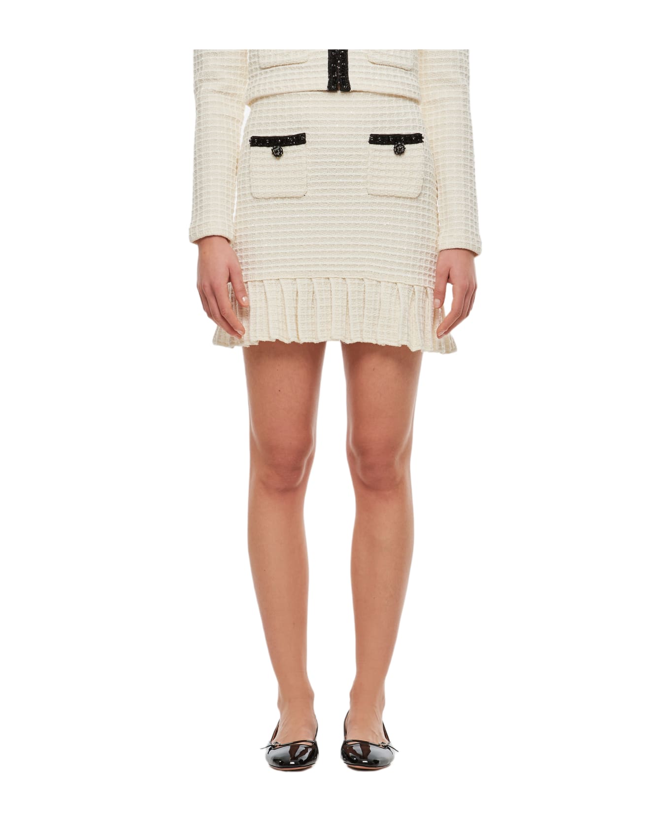 self-portrait Cream Textured Knit Mini Skirt - White