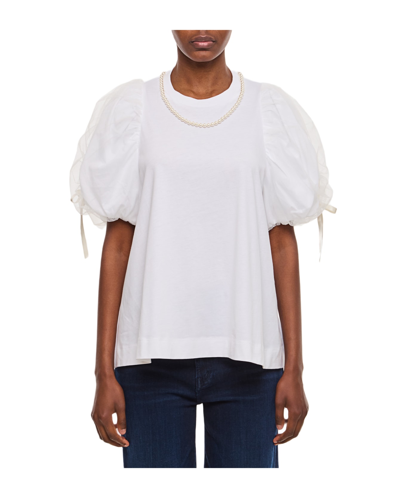 Simone Rocha Beaded Tulle Overlay Puff Sleeve T-shirt W/ Bow - White ブラウス