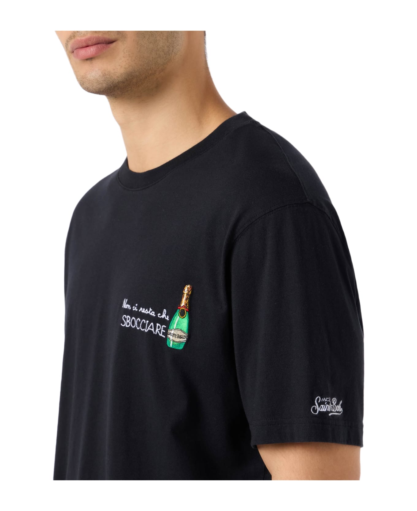 MC2 Saint Barth Man Classic Fit Cotton Jersey T-shirt Portofino With Non Ci Resta Che Sbocciare Embroidery - BLACK