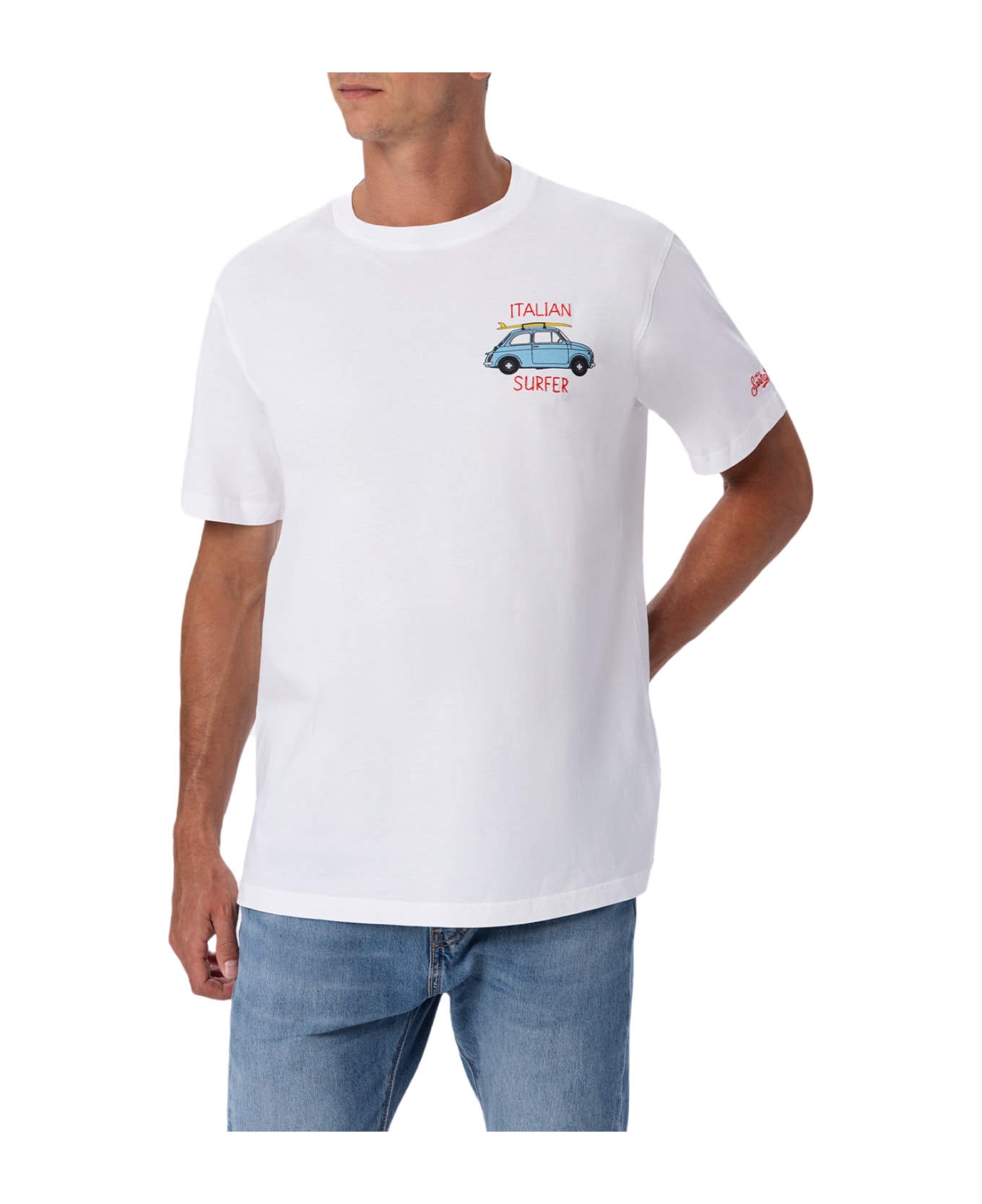 MC2 Saint Barth Man Cotton T-shirt With Fiat 500 Placed Print And Embroidery | Fiat 500 Special Edition - WHITE