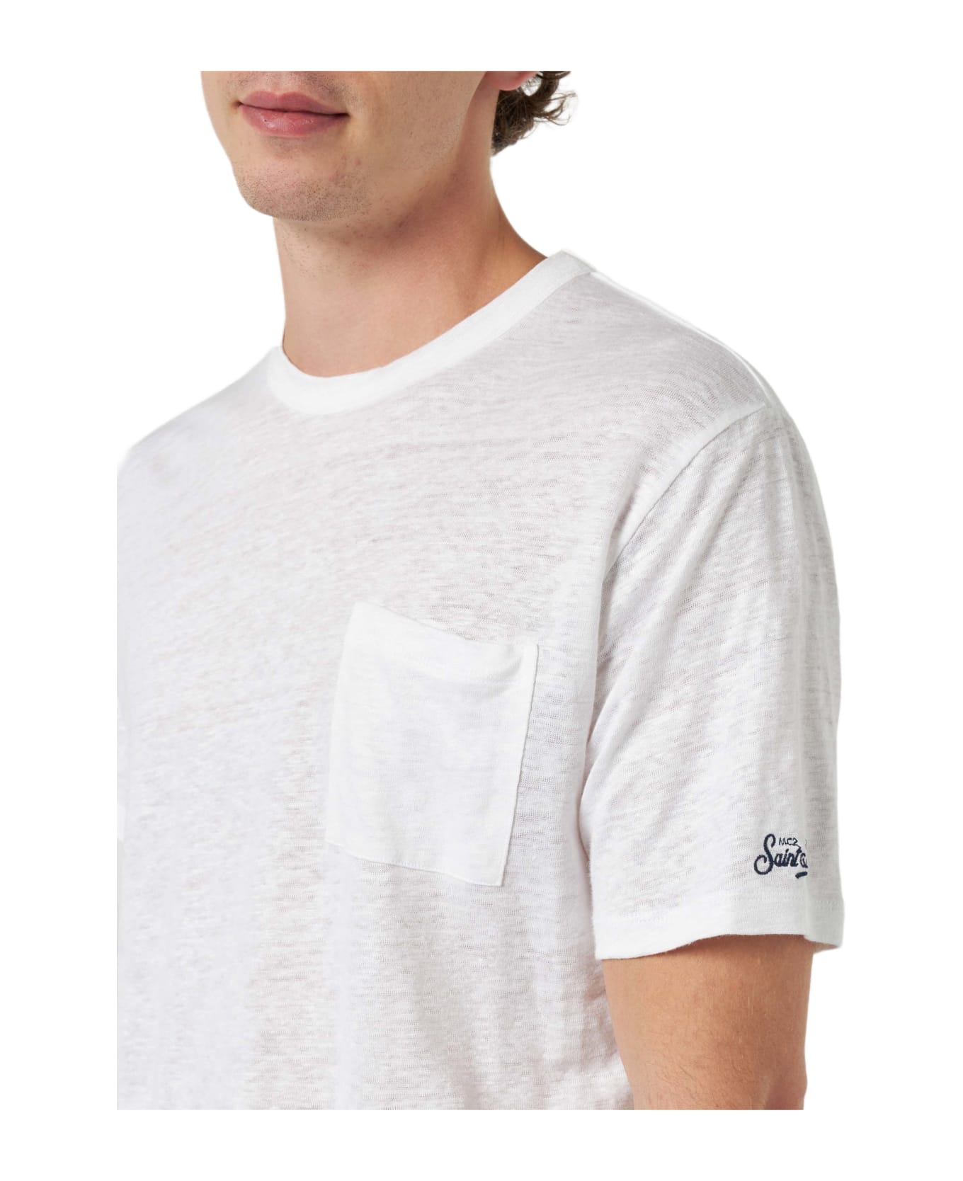 MC2 Saint Barth Man Off-white Linen Jersey T-shirt Ecstasea With Pocket - WHITE