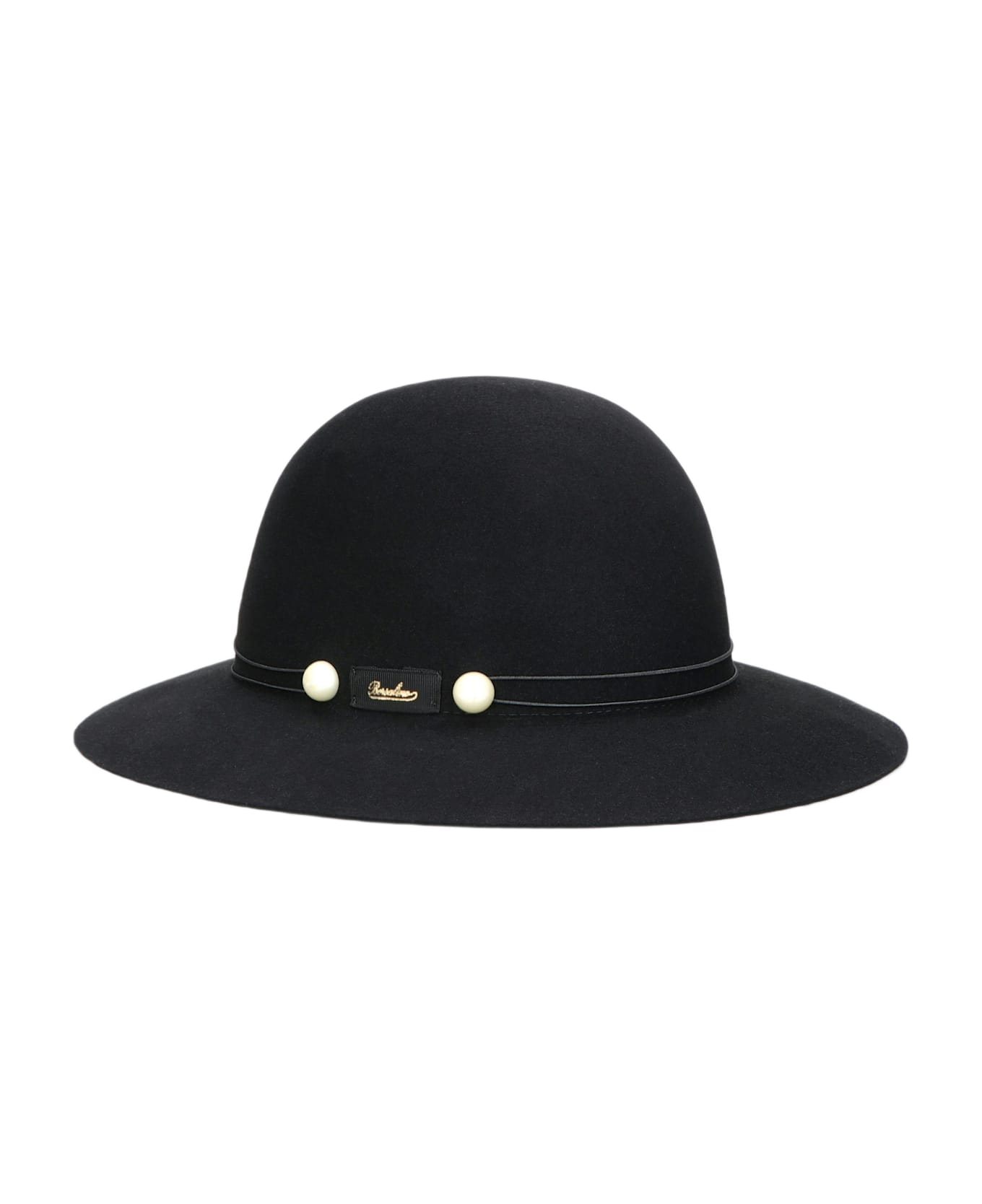 Borsalino Emi Alessandria Brushed Felt With Pearls Elastic Hatband Rollable - BLACK, TONE ON TONE HATBAND