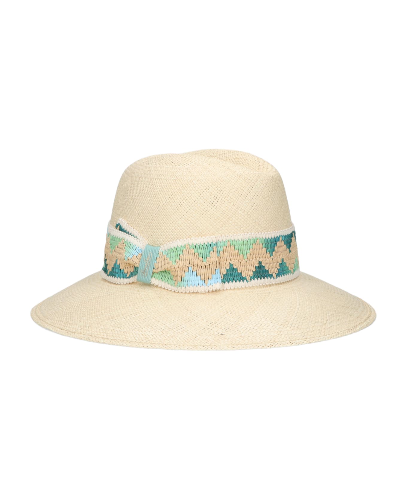 Borsalino Claudette Panama Quito Patterned Hatband - NATURAL, PATTERNED AQUA GREEN HAT BAND