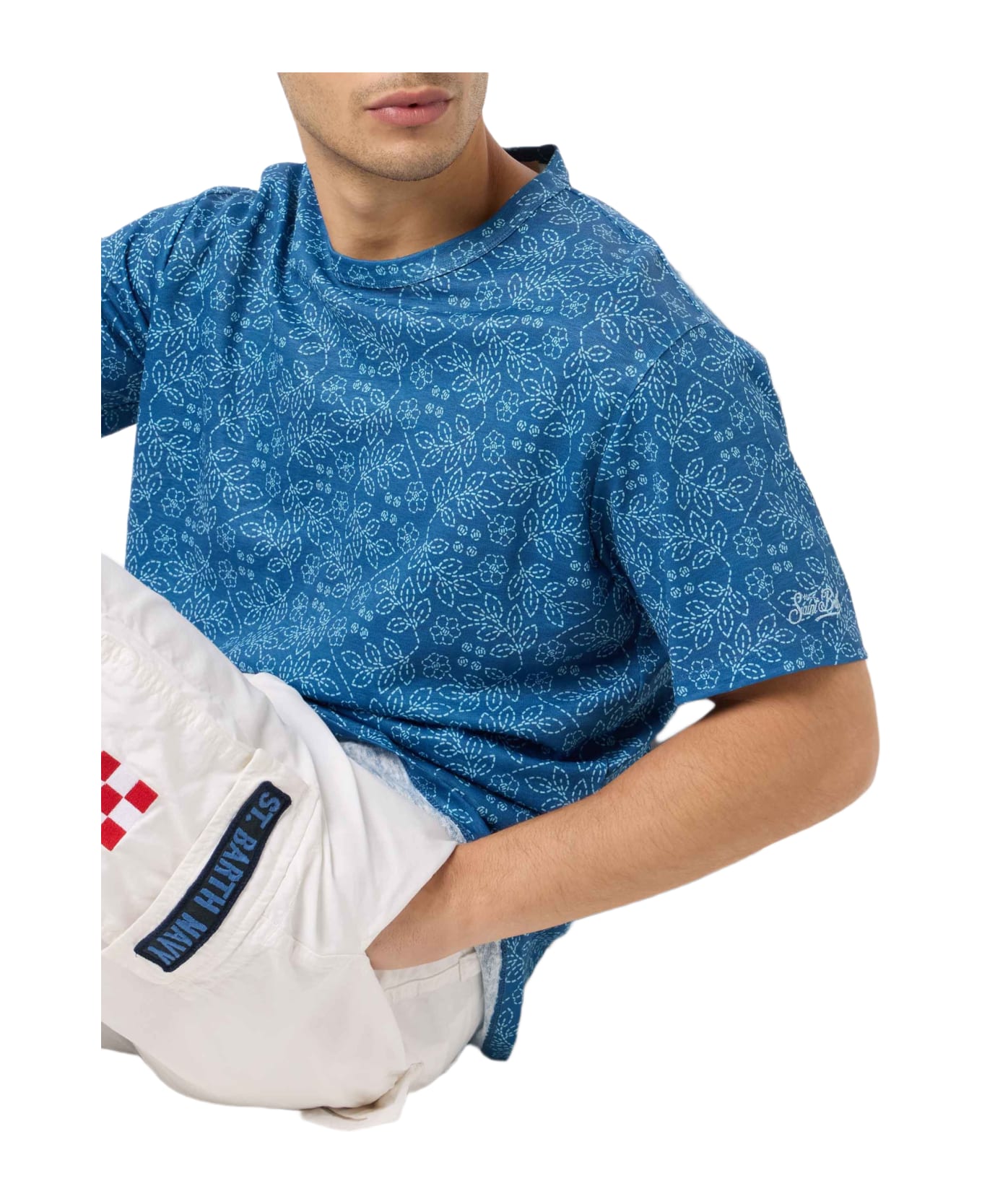 MC2 Saint Barth Man Blue Linen Jersey T-shirt Ecstasea With Sashiko Print - BLUE