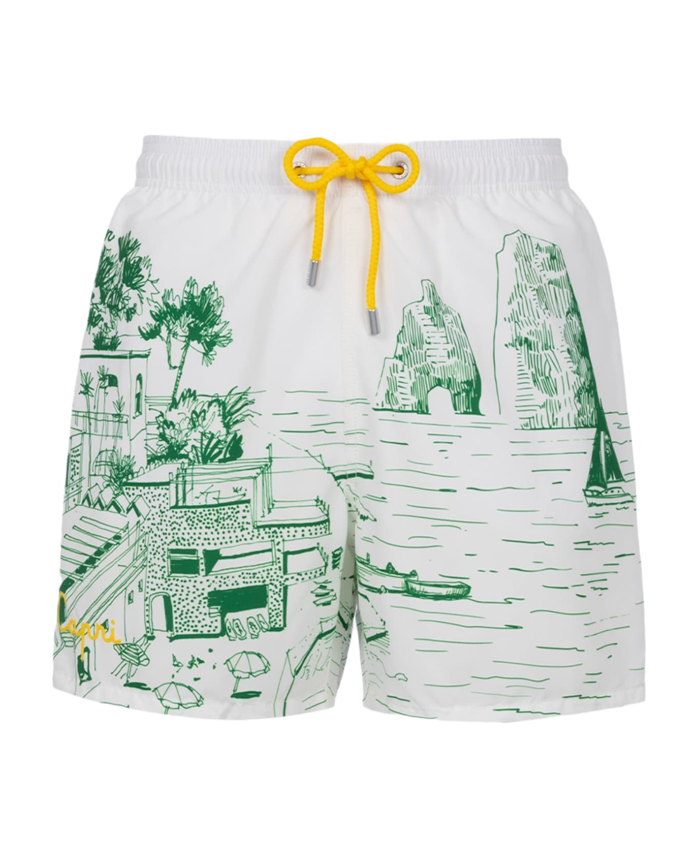 MC2 Saint Barth Man Mid-length Gustavia Swim-shorts With Capri Placed Print - WHITE