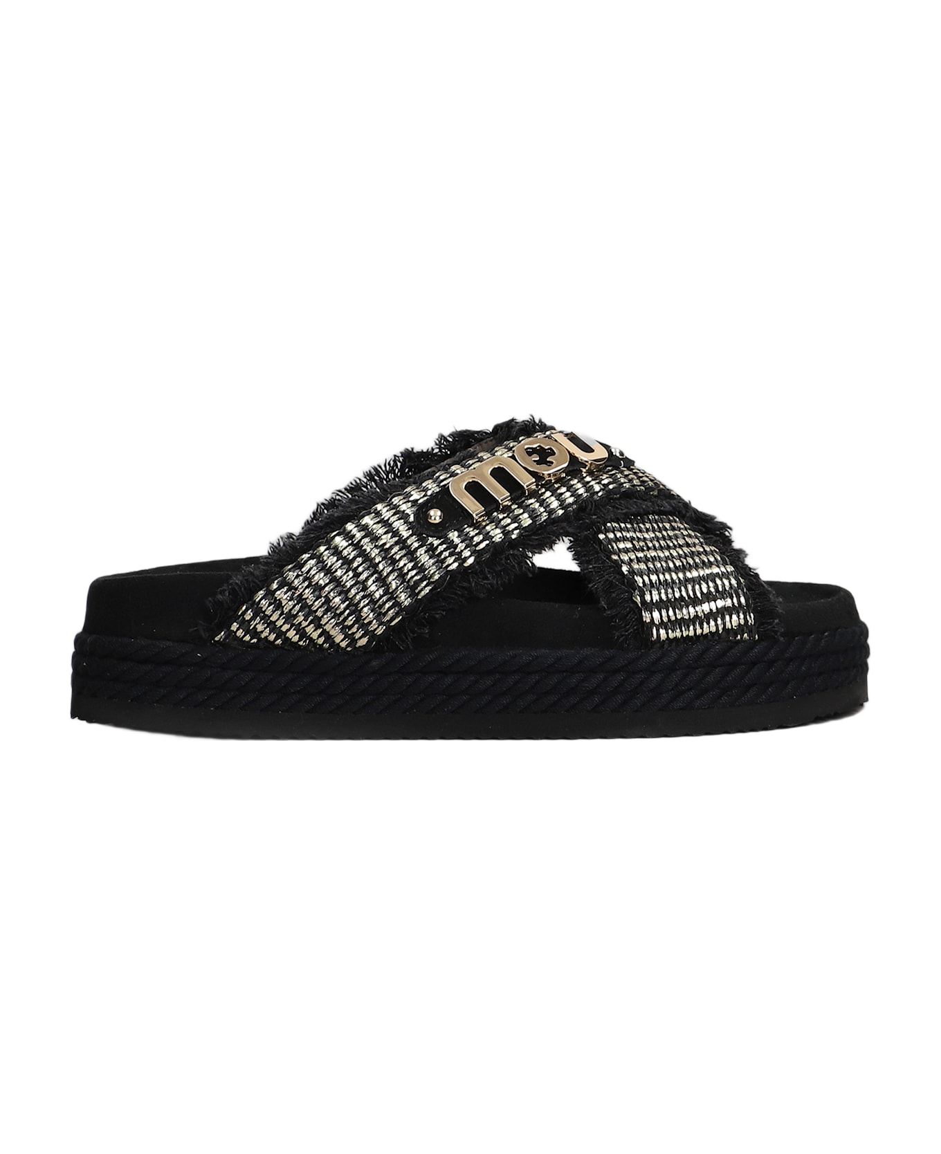 Mou Crisscross Flats In Black Raffia - black