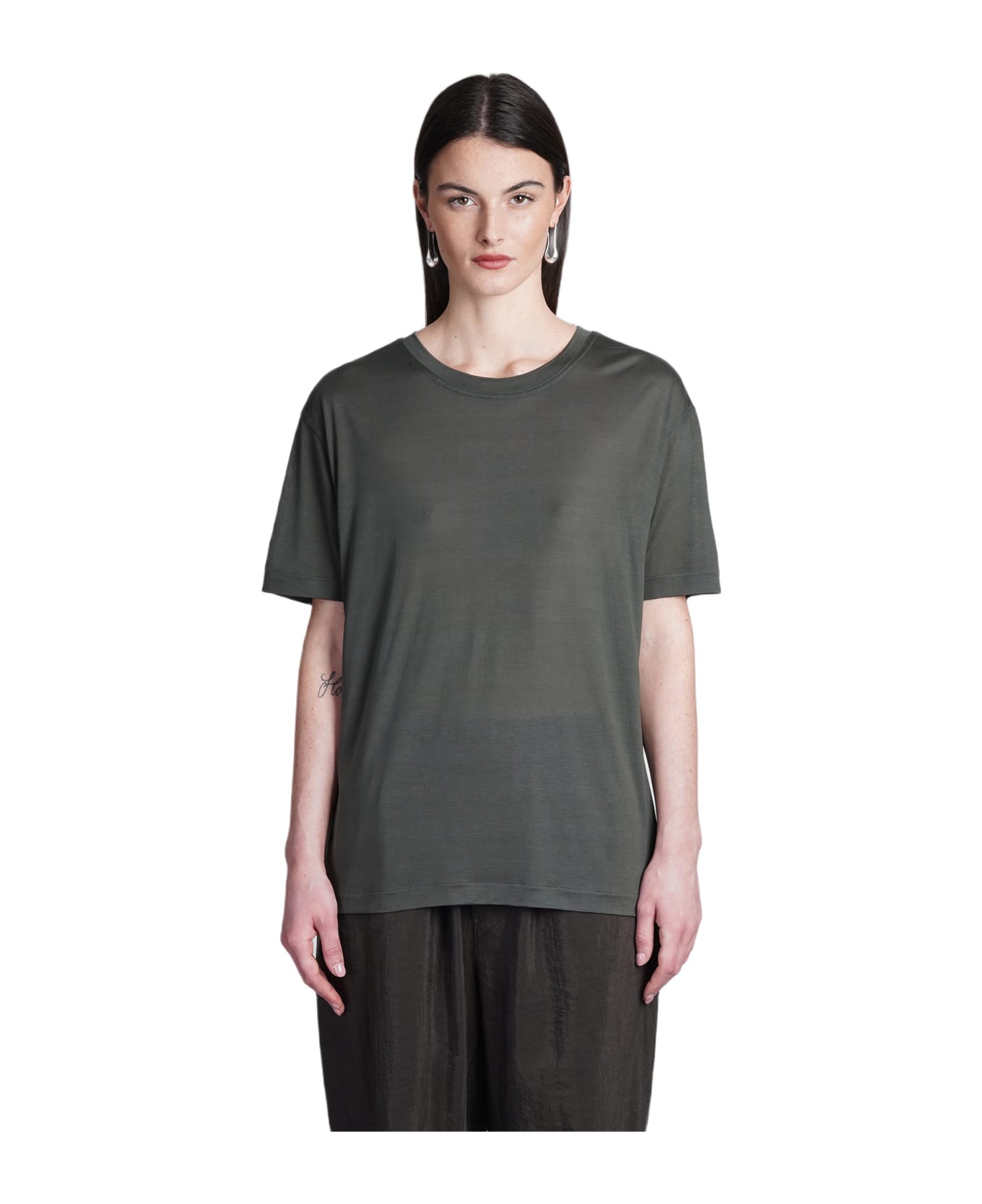 Lemaire T-shirt In Green Silk - ASPHALT