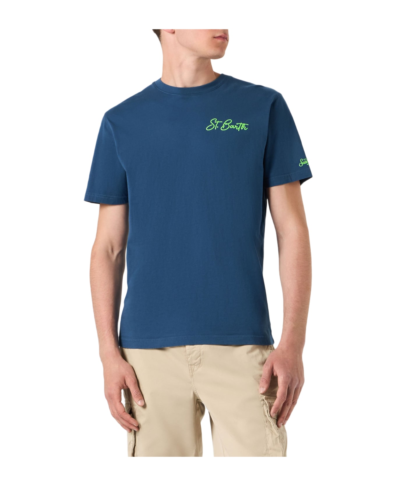 MC2 Saint Barth Man Cotton T-shirt With St. Barth Wave And Palm Print - BLUE
