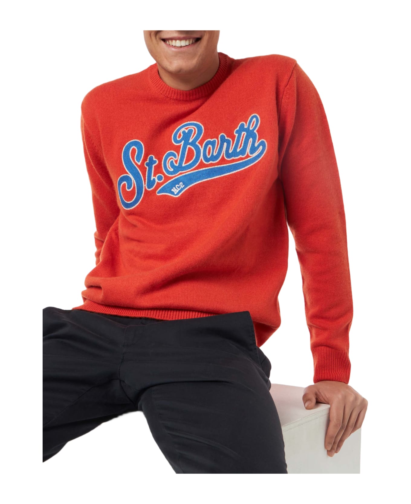 MC2 Saint Barth Man Crewneck Orange Sweater With St. Barth Embroidery - ORANGE