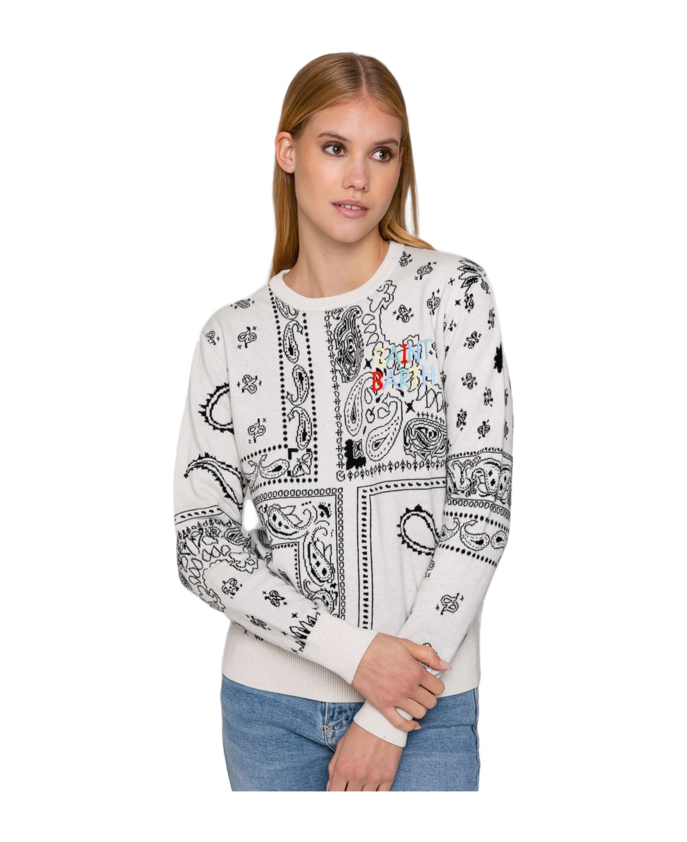 MC2 Saint Barth Woman Sweater With Bandanna Print Embroidery - WHITE ニットウェア