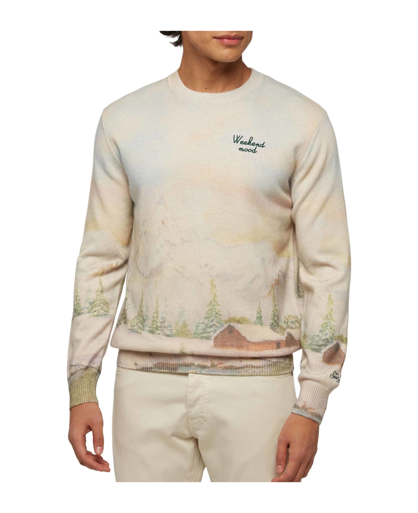 MC2 Saint Barth Crewneck Sweater Heron With Landscape Print And Weekend Mood Embroidery - WHITE