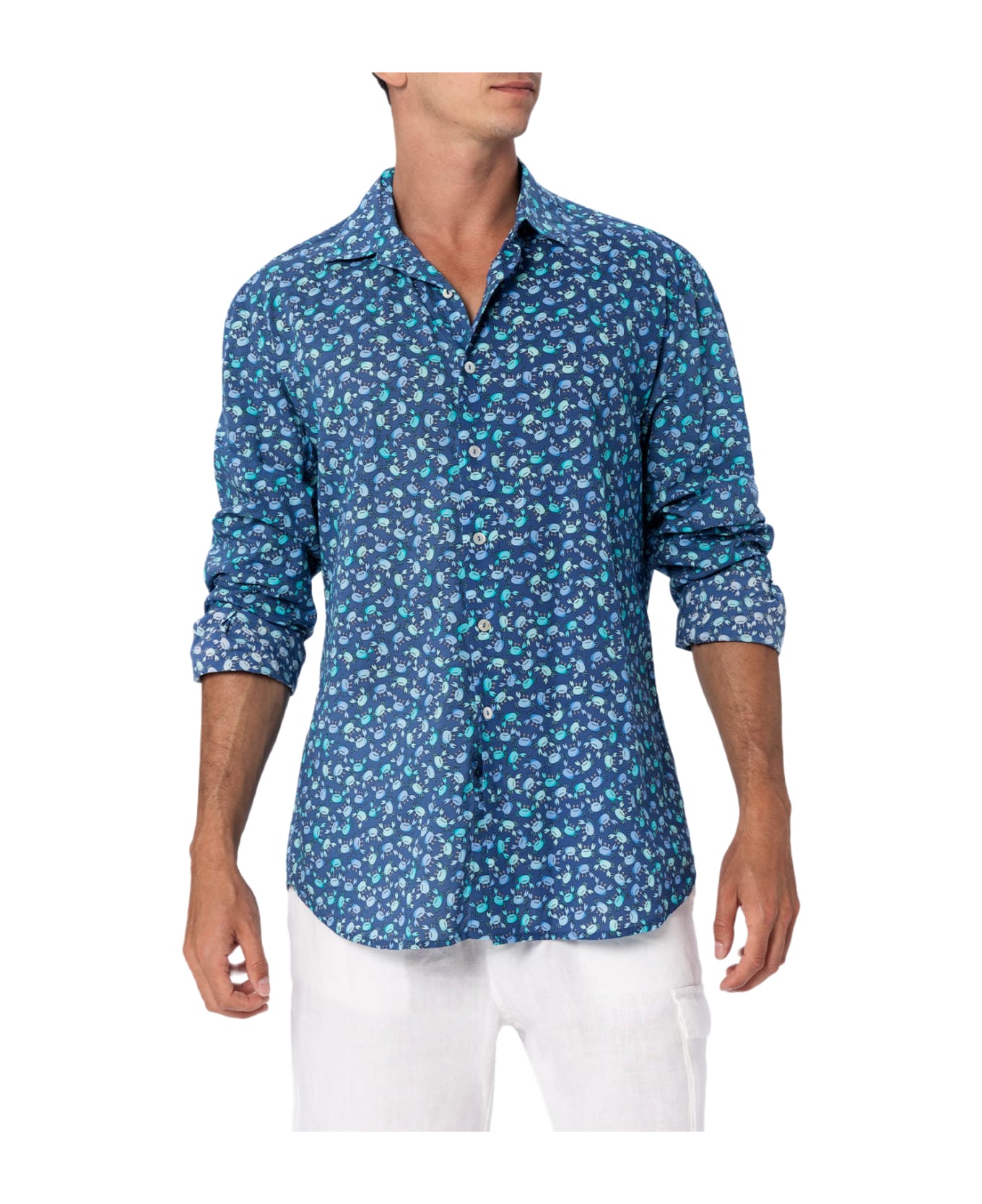 MC2 Saint Barth Man Muslin Cotton Shirt Sikelia With Crabs Print - BLUE