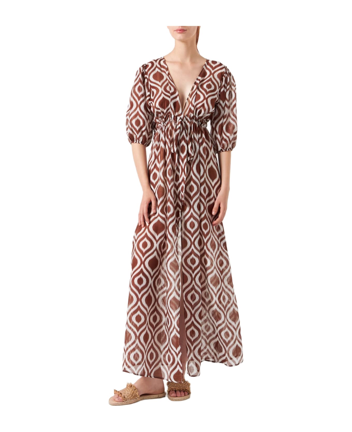 MC2 Saint Barth Cotton And Silk Long Beach Dress Bliss With Ikat Print - BROWN