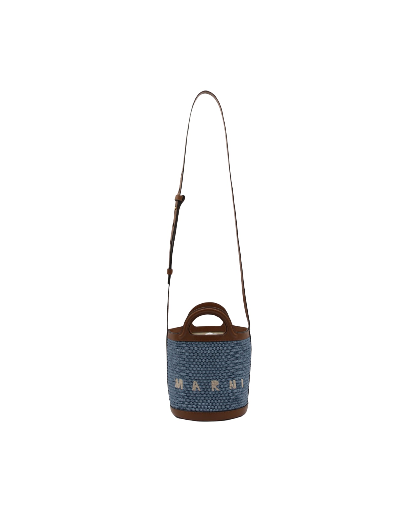 Marni Brown Leather And Blue Raffia Tropicalia Handle Bag - OPAL/MOCA トートバッグ