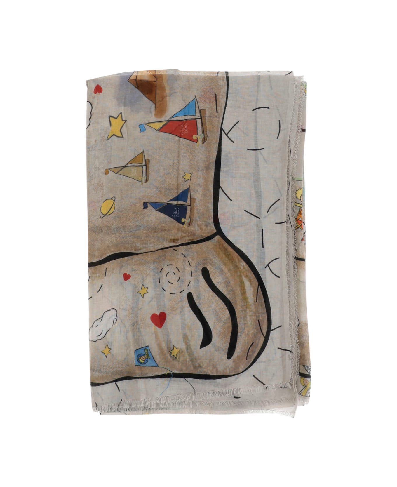 Faliero Sarti Silk Blend Scrol Scarf With Little Prince Pattern - Beige
