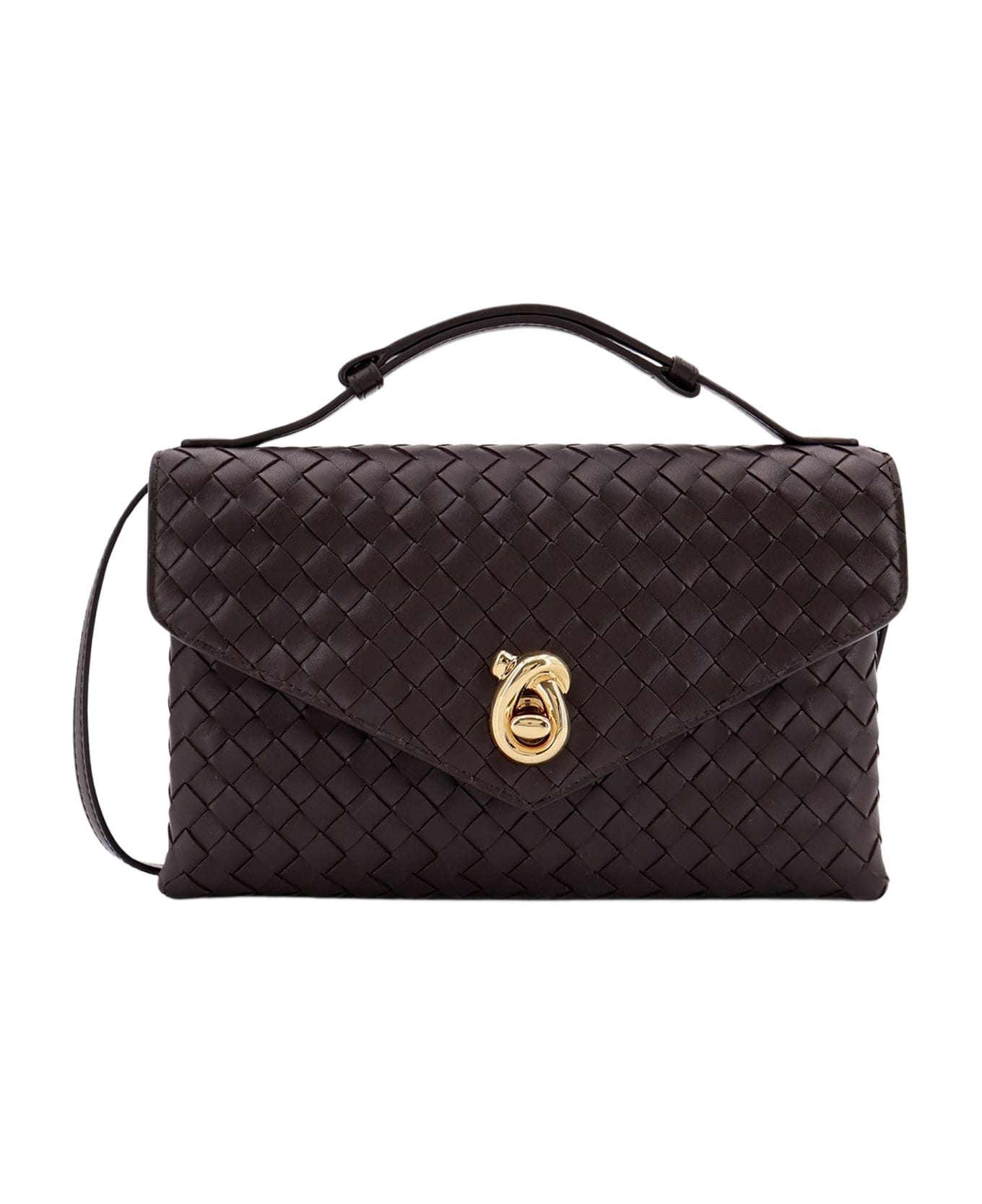 Bottega Veneta Knot Lock Leather Shoulder Bag With Intrecciato Motif - BROWN
