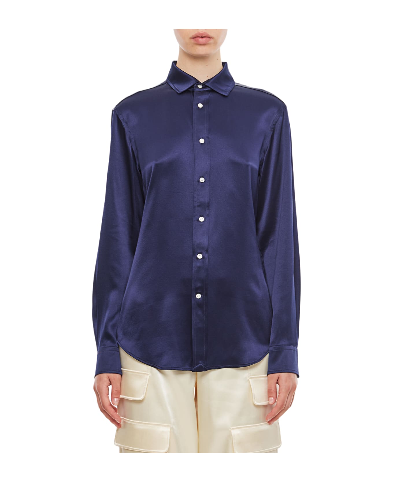 Polo Ralph Lauren Long Sleeve Button Front Silk Shirt - Newport Navy
