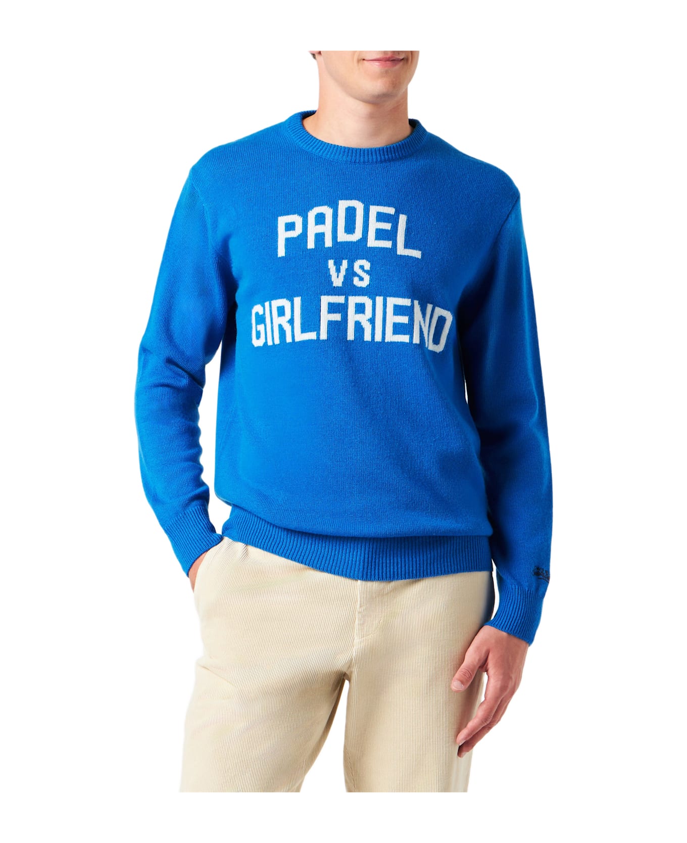 MC2 Saint Barth Man Crewneck Sweater With Padel Vs Girlfriend Jacquard - BLUE