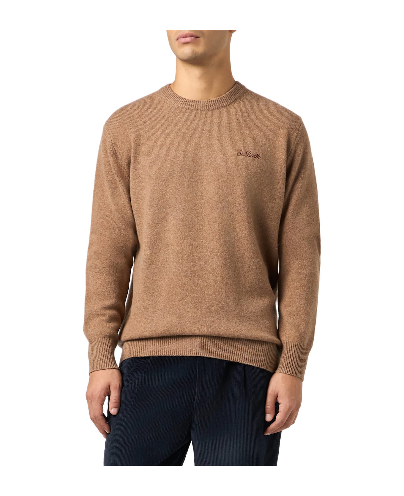 MC2 Saint Barth Man Crewneck Camel Sweater With St. Barth Embroidery - WHITE