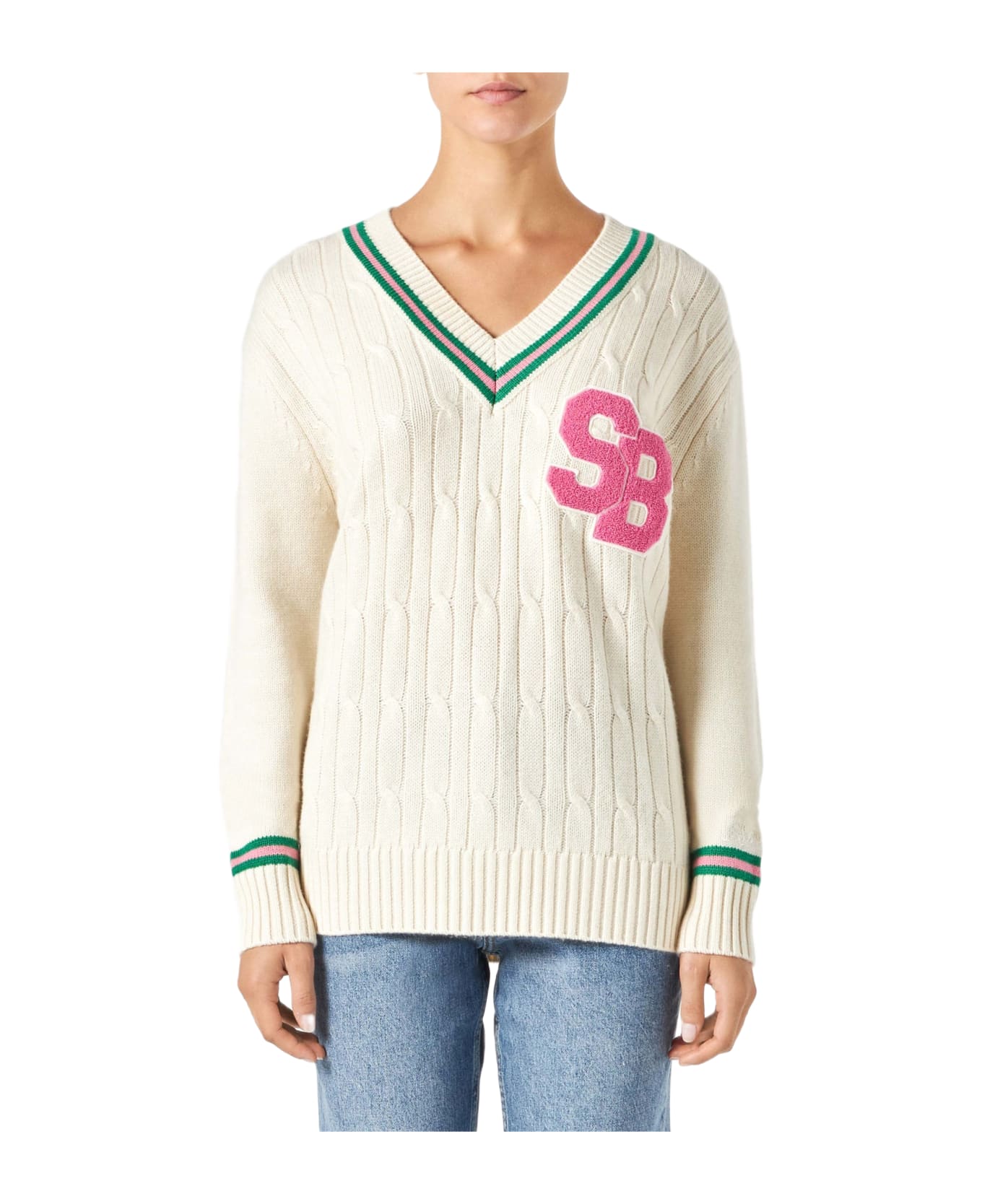 MC2 Saint Barth Woman V-neck Braided Sweater With Patch - WHITE
