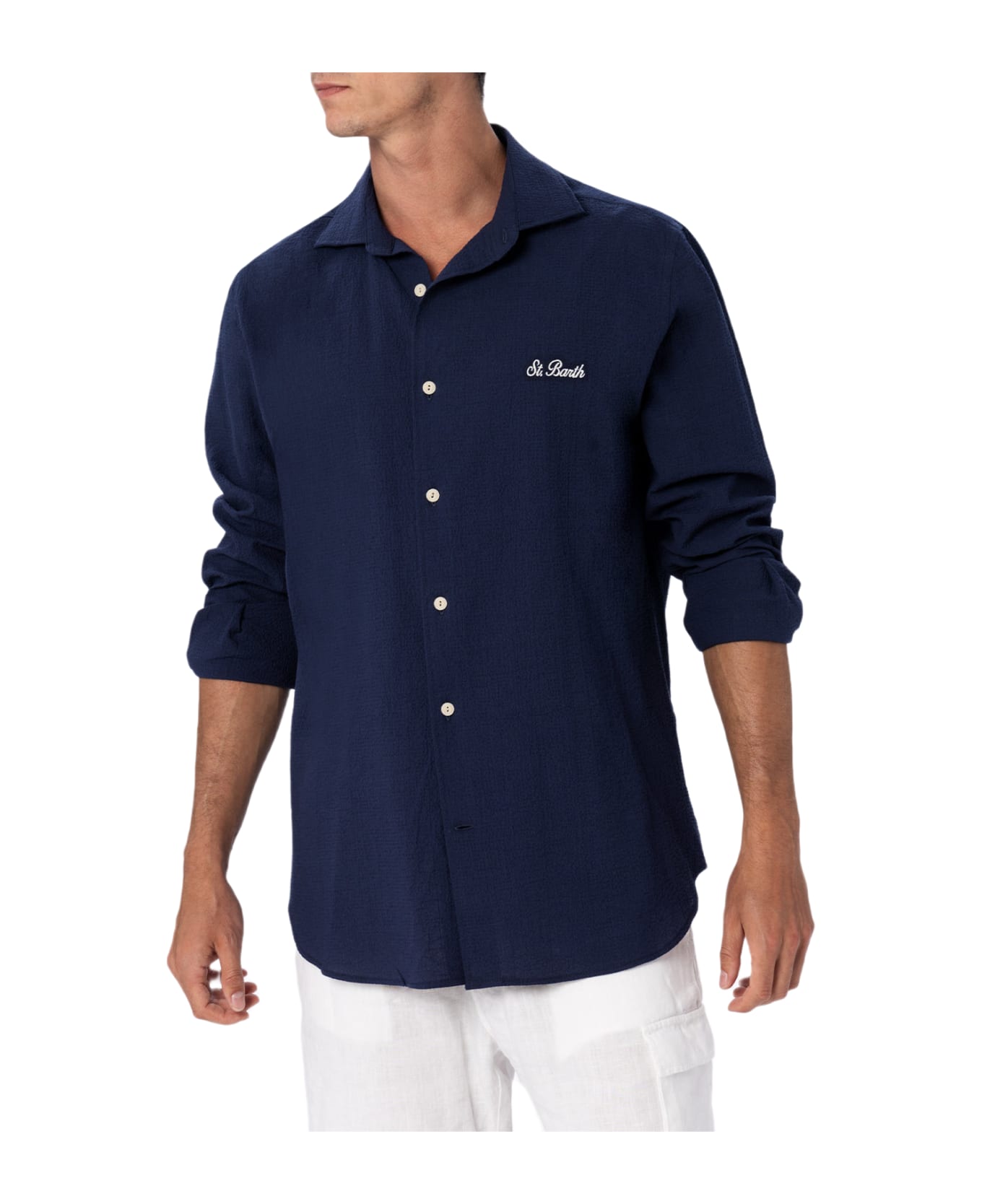 MC2 Saint Barth Man Seersucker Blue Cotton Shirt Pamplona - BLUE