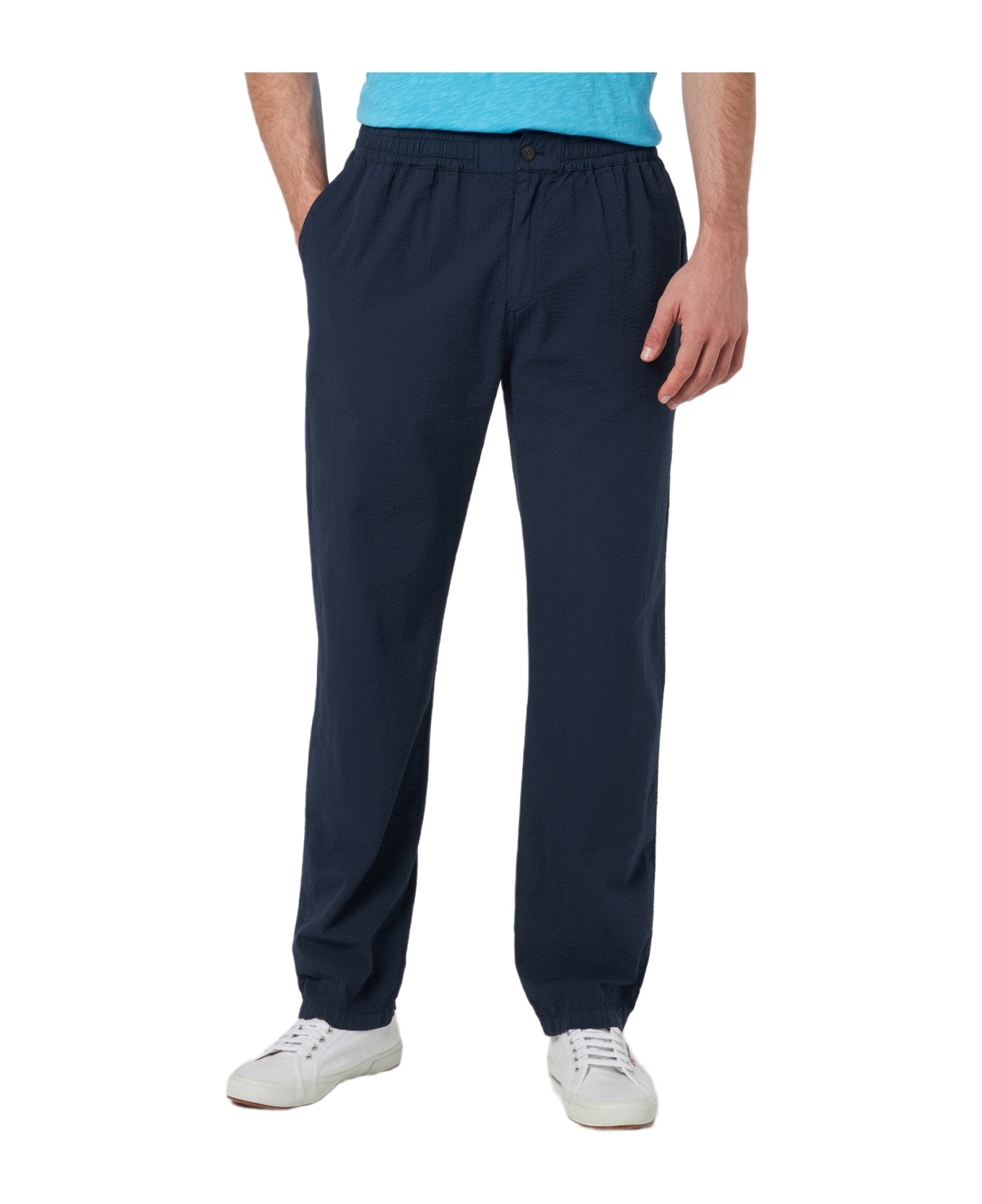 MC2 Saint Barth Man Navy Blue Seersucker Cotton Pants Relais - BLUE NAVY