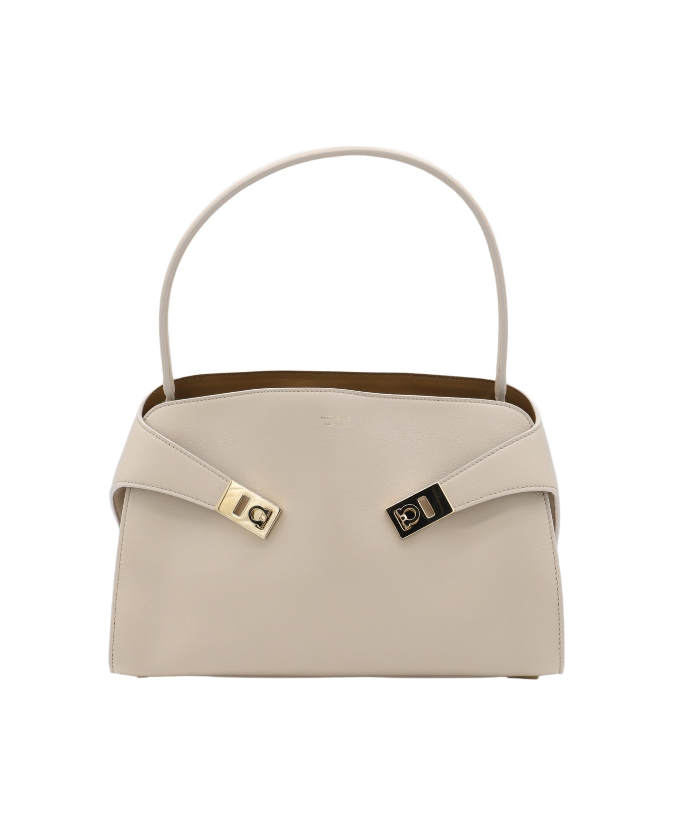 Ferragamo Light Grey Leather Hug Soft Shoulder Bag - STONE/OCRA