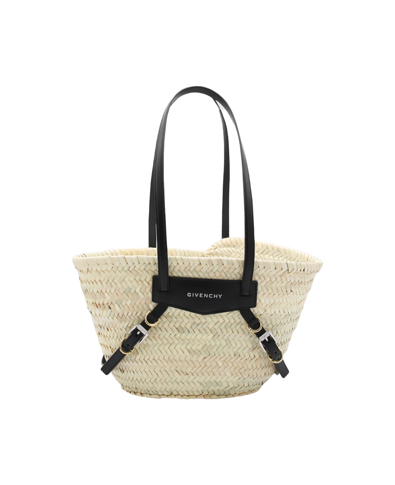 Givenchy Raffia Black Leather Voyou Basket Small Tote Bag - Black
