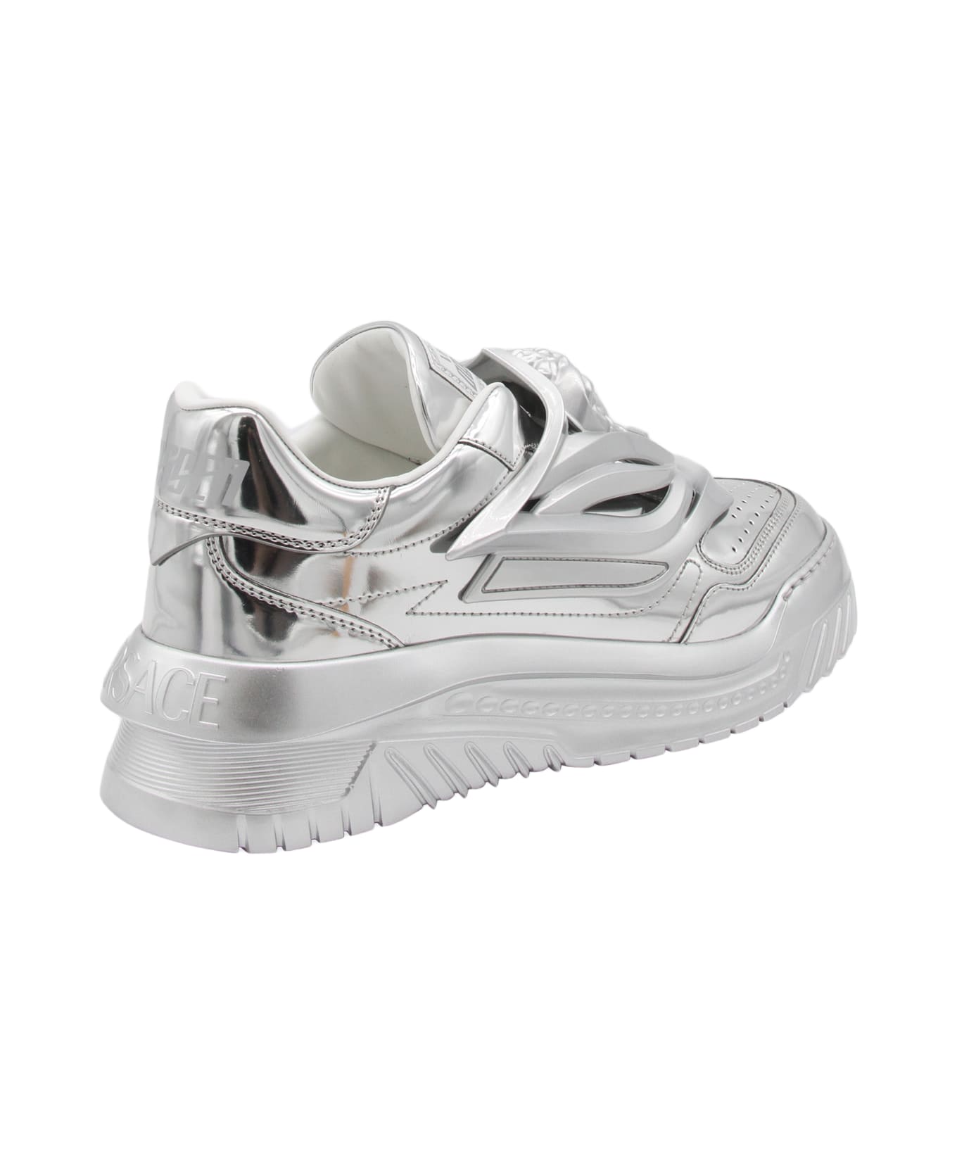 Versace Silver Tone Leather Medusa Laminate Low Top Sneakers - Silver