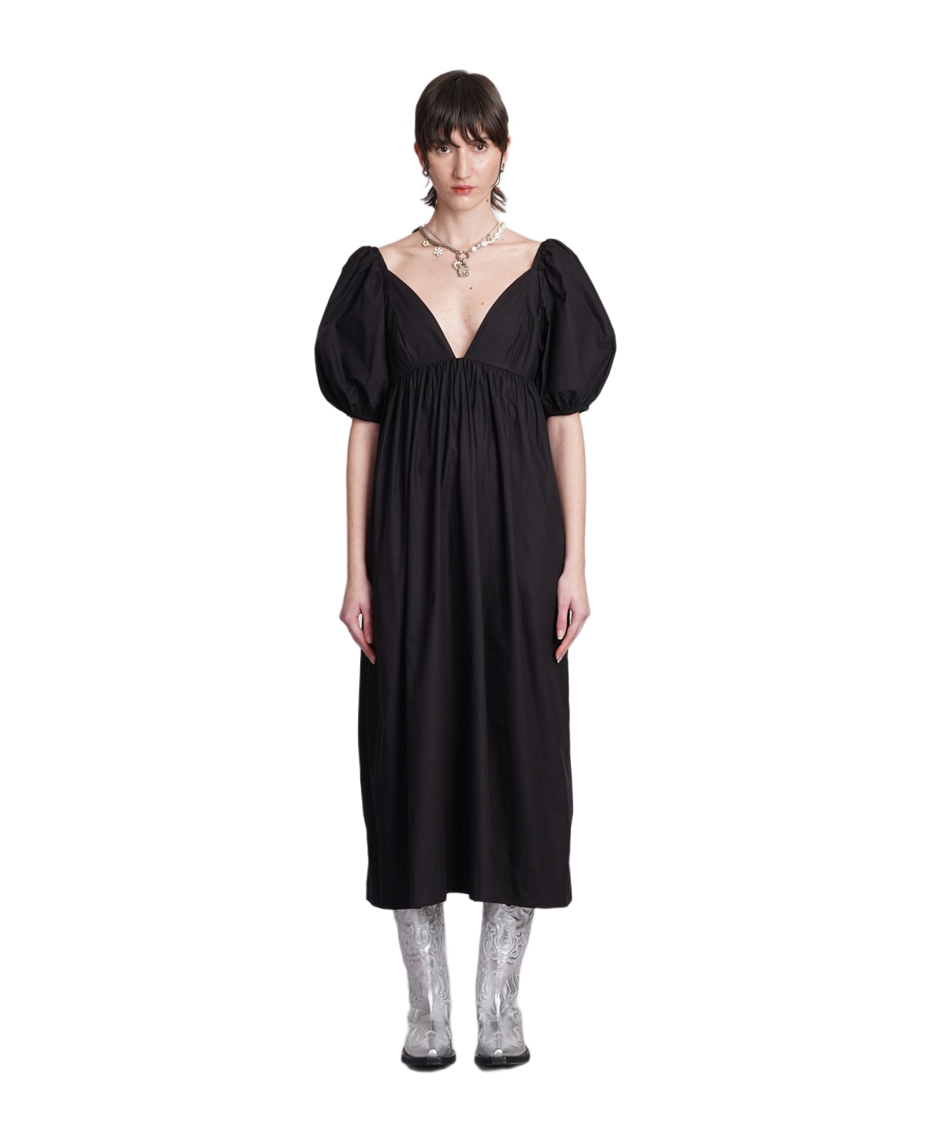 Ganni Dress In Black Cotton - Black ワンピース＆ドレス