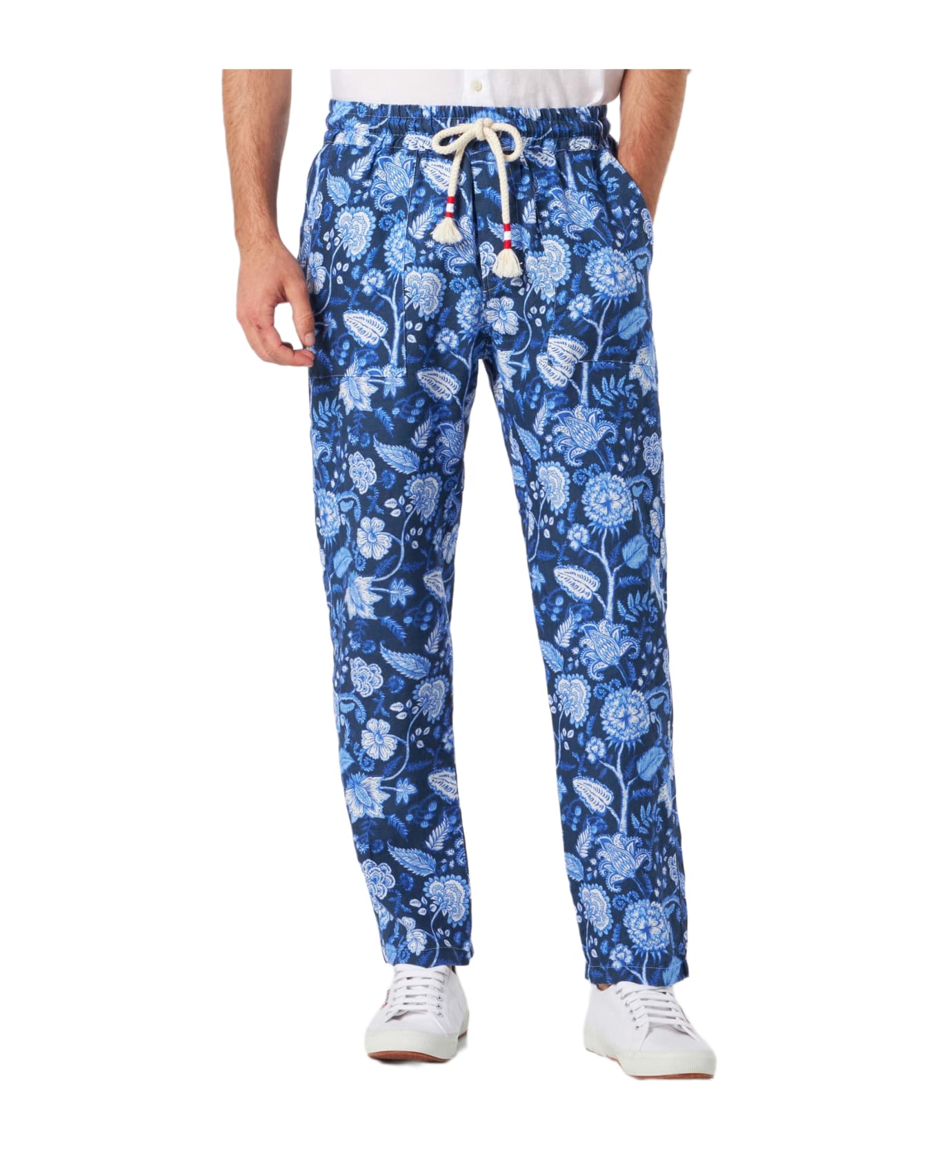 MC2 Saint Barth Man Floreal Print Linen Pants - BLUE