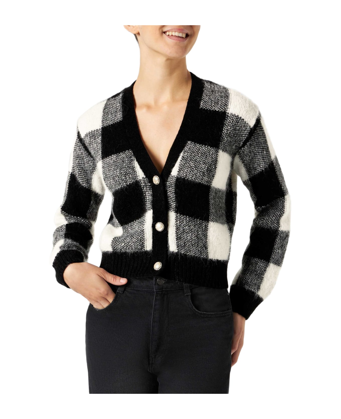 MC2 Saint Barth Woman Short Cardigan With Jewel Buttons And Vichy Print - GREY