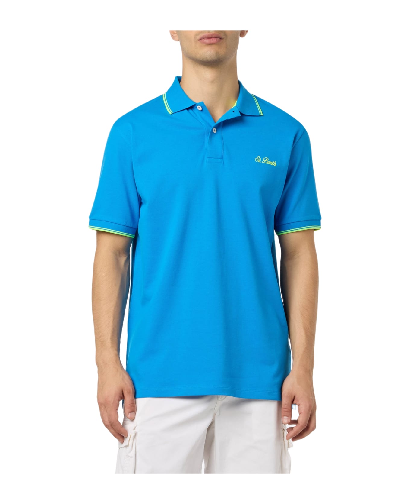 MC2 Saint Barth Man Bluette Cotton Piquet Polo Shirt Beverly Hills With Palm Embroidery - BLUE