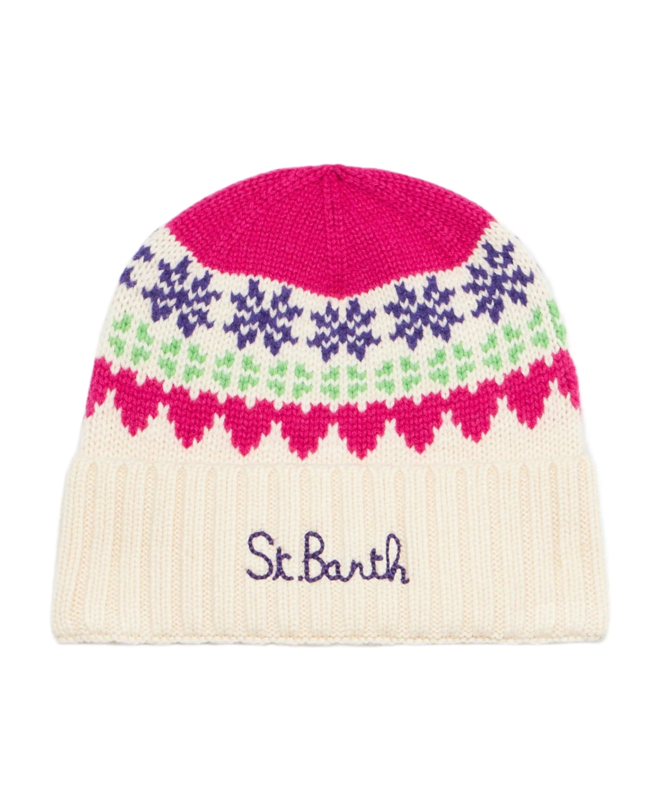 MC2 Saint Barth Woman White Beanie With Fair Isle Heart Jacquard - WHITE
