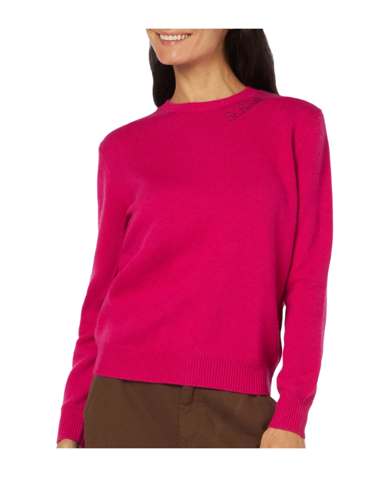 MC2 Saint Barth Woman Crewneck Fuchsia Sweater With St. Barth Embroidery - PINK