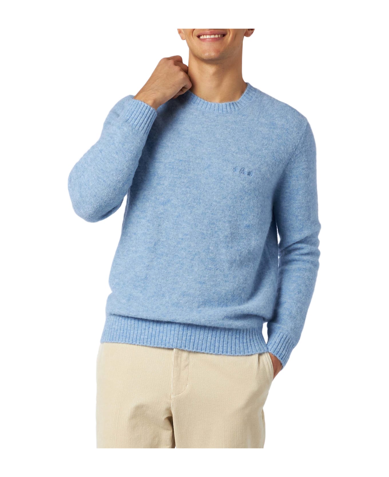 MC2 Saint Barth Man Light Blue Stretch Wool Sweater With St. Barth Embroidery - SKY