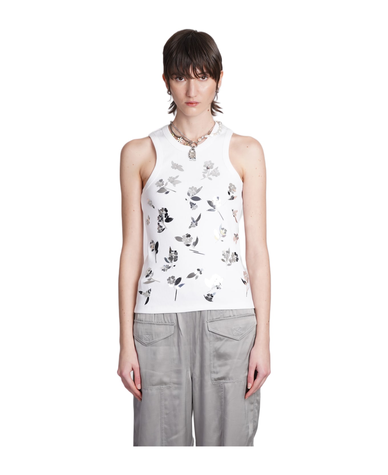 Ganni Floral Embellished Knit Tank Top - Bright White トップス
