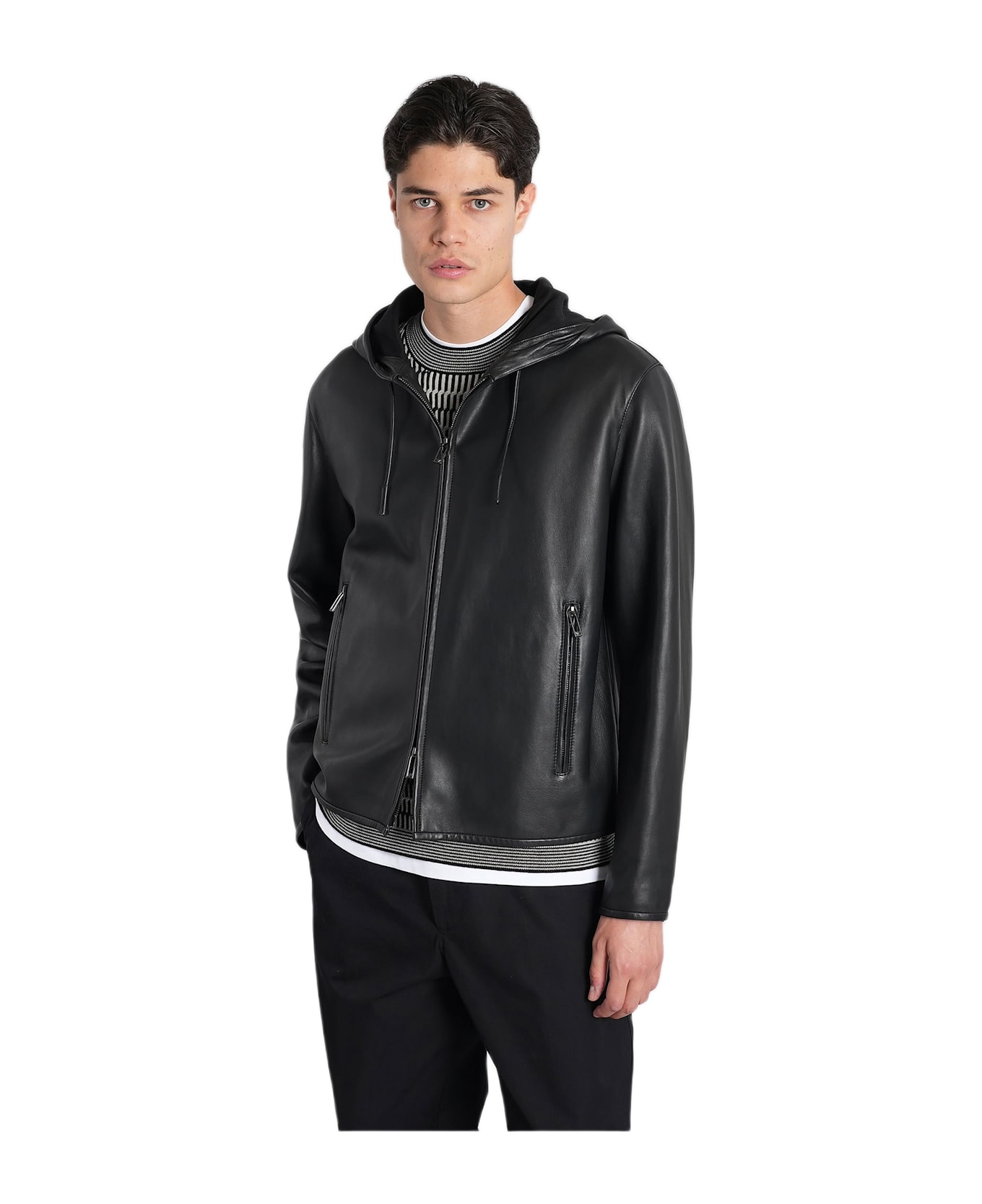 Emporio Armani Leather Jacket In Black Leather - black