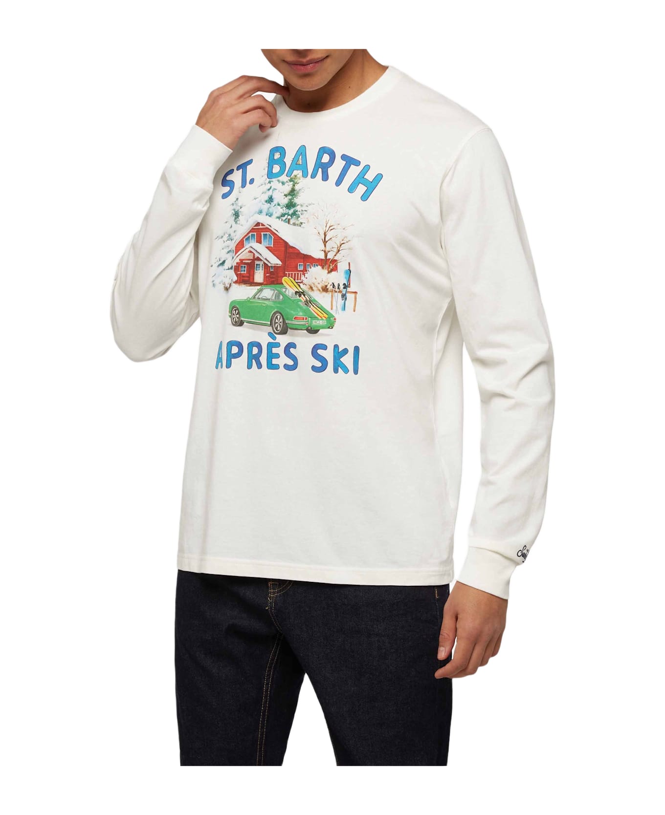 MC2 Saint Barth Winter Cotton T-shirt Luton With Car And Chalet Print - WHITE