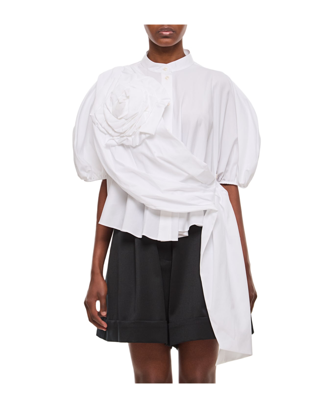 Simone Rocha Cropped Puff Sleeve Shirt W/ Rose Sash - WHITE