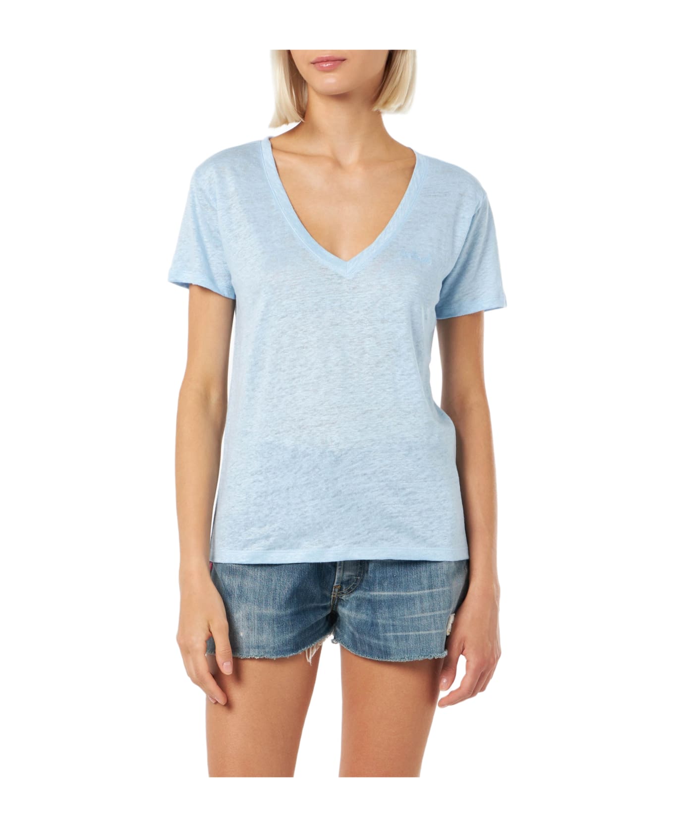 MC2 Saint Barth Linen Jersey Light Blue V-neck T-shirt Eloise - SKY