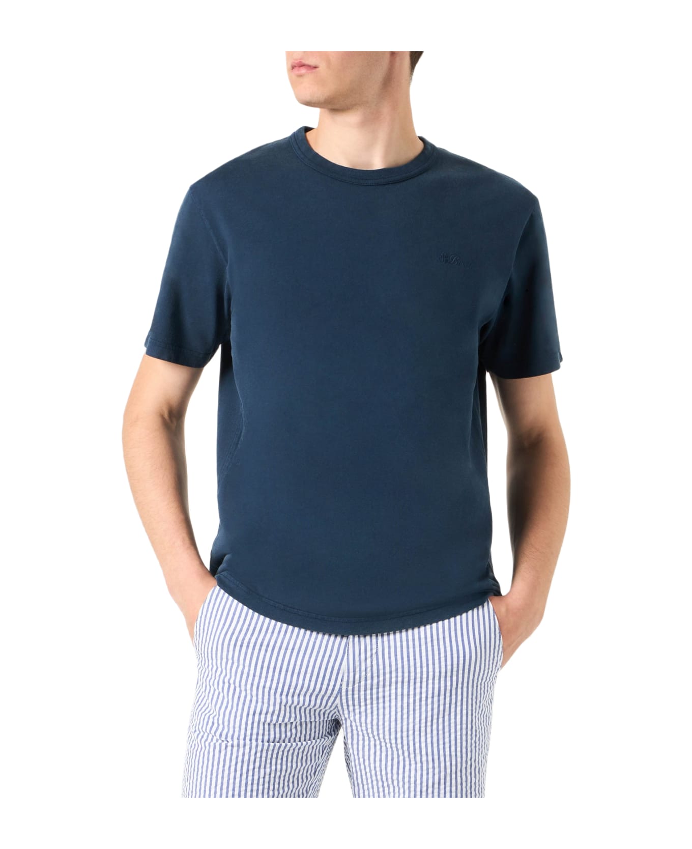 MC2 Saint Barth Man Denim Color Cotton T-shirt - BLUE